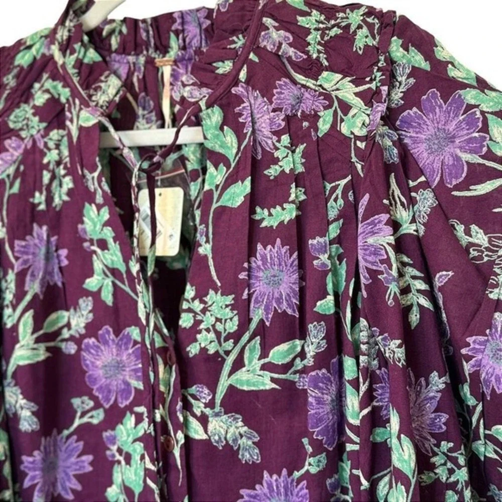 Free People Meant to Be Floral Puff‎ Sleeve Button Up Blouse Top NWT